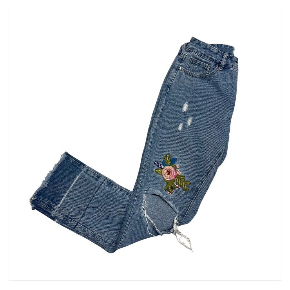 Q2 unique denim blue embroidered floral distressed jeans denim women's size M 6 - Picture 9 of 10